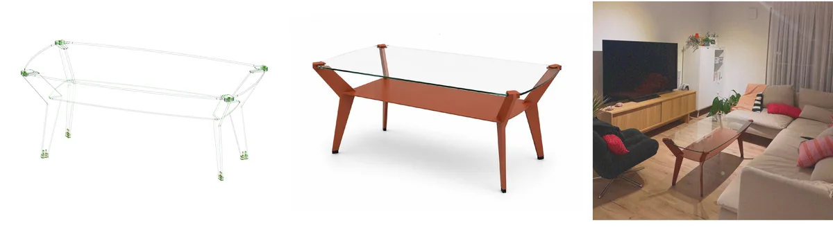 CAD wireframe of the table frame, a render with the glass top, and the finished table in a living room