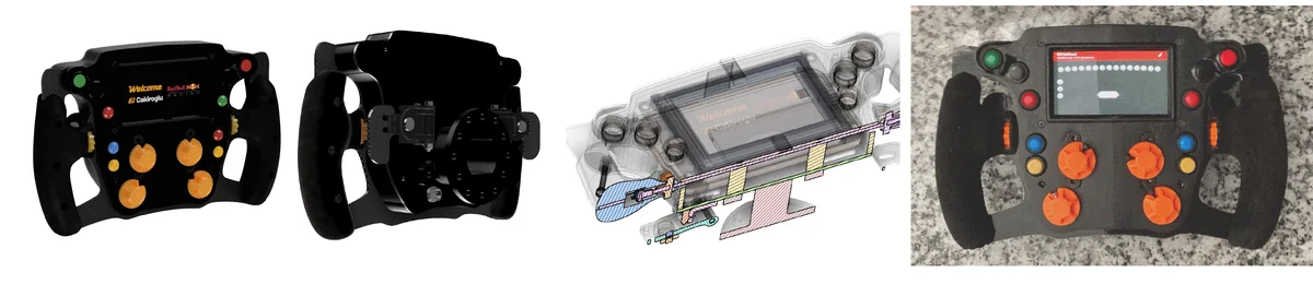 Front and back renders of the wheel, a sectioned CAD view of the housing and electronics, and a photo of the built wheel