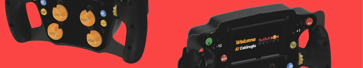 Renders of the F1 sim steering wheel on a red background