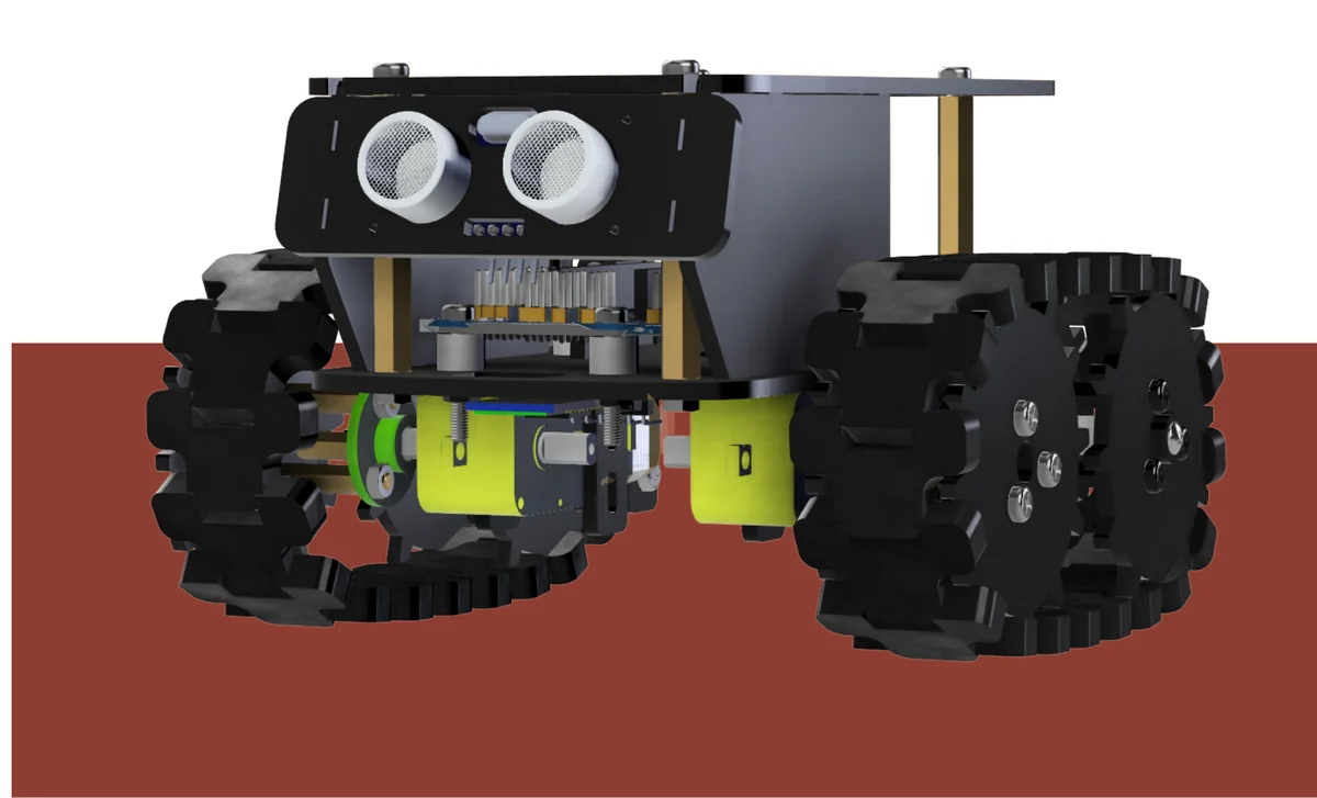 Render of the Peanut mini tracked robot with ultrasonic sensors and brass standoffs