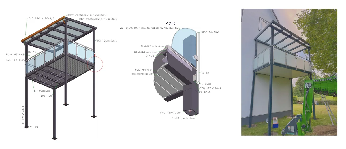 CAD model of a balcony with canopy, a connection detail and the installed balcony