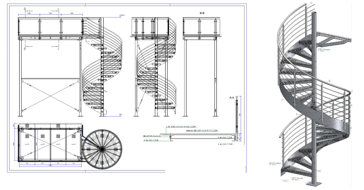 Production drawing of a balcony with spiral staircase beside the 3D model of the stair