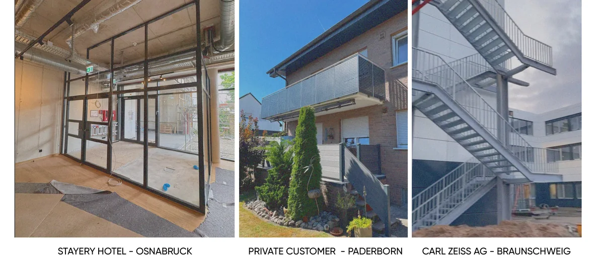 Three built projects: glass partition at Stayery Hotel Osnabrück, balcony for a private customer in Paderborn, external steel stair at Carl Zeiss AG Braunschweig