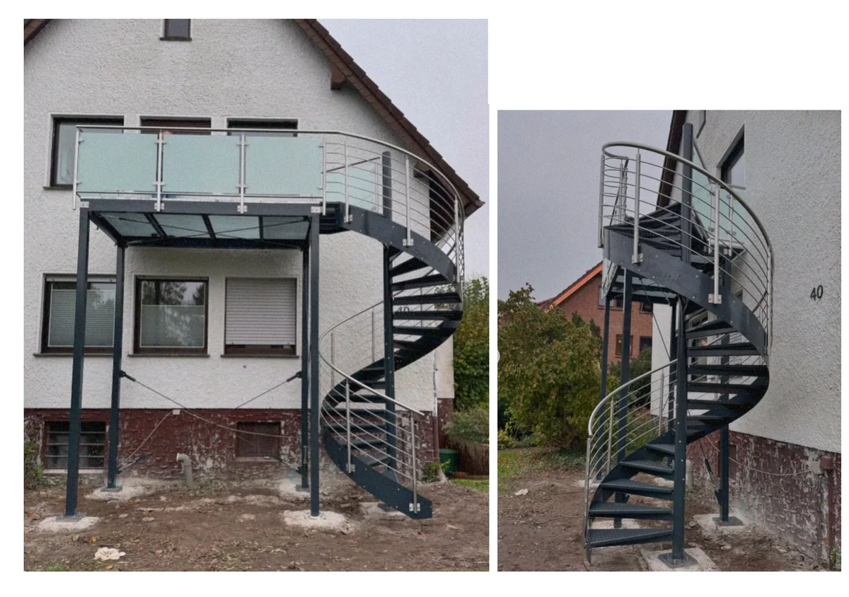 The installed balcony and spiral staircase