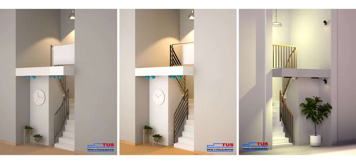 Three interior renderings of a staircase with railing