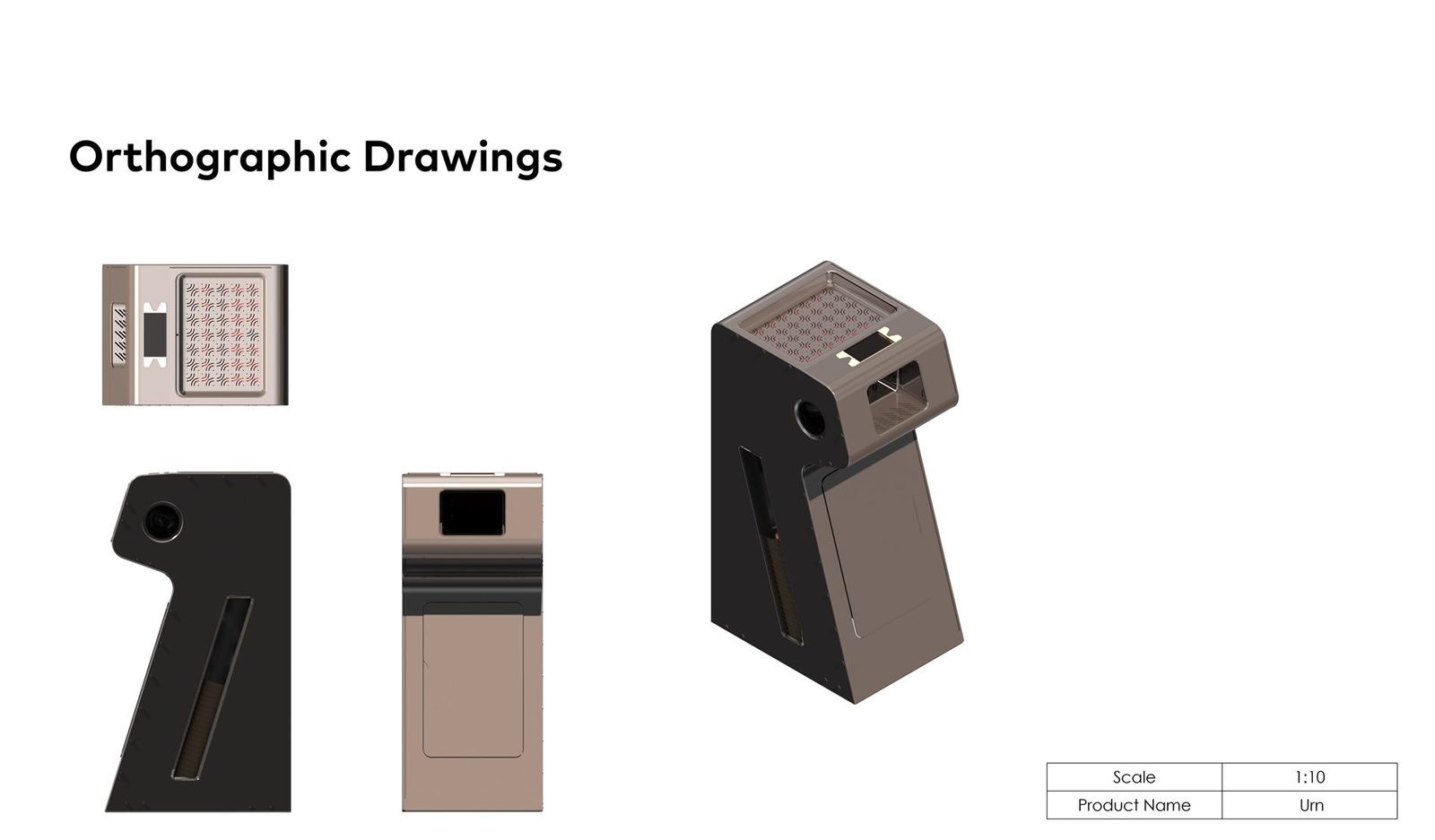 Urn'ün 1:10 ölçekli ortografik çizimleri ve izometrik render